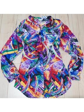 Vintage 90s Abstract Print Button Up Blouse Shoulder Pads Colorful Artsy Size L